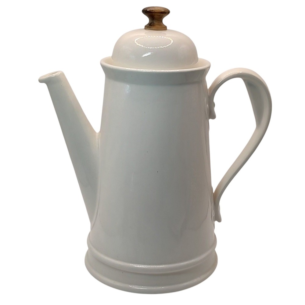 Vintage Stoneware Coffee Pot with Lid White Wooden Knob on Lid Ten Inch Six Cups